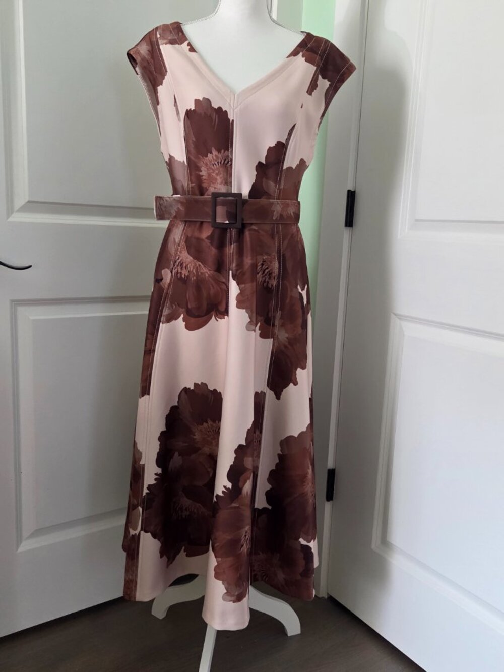 Floral V-Neck Belted Midi A-Line Dress - Picture 2 of 9